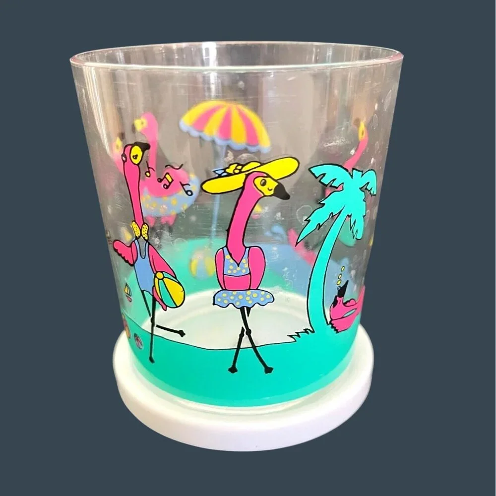 Retro Pink Flamingo Ice Bucket Barware Drink 10 Pc Set Tumbler Glasses Vintage